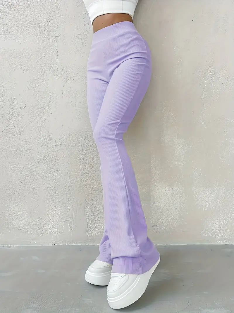 Alltags-Flare-Hose mit hoher Taille, einfarbig, gerippt für Damen