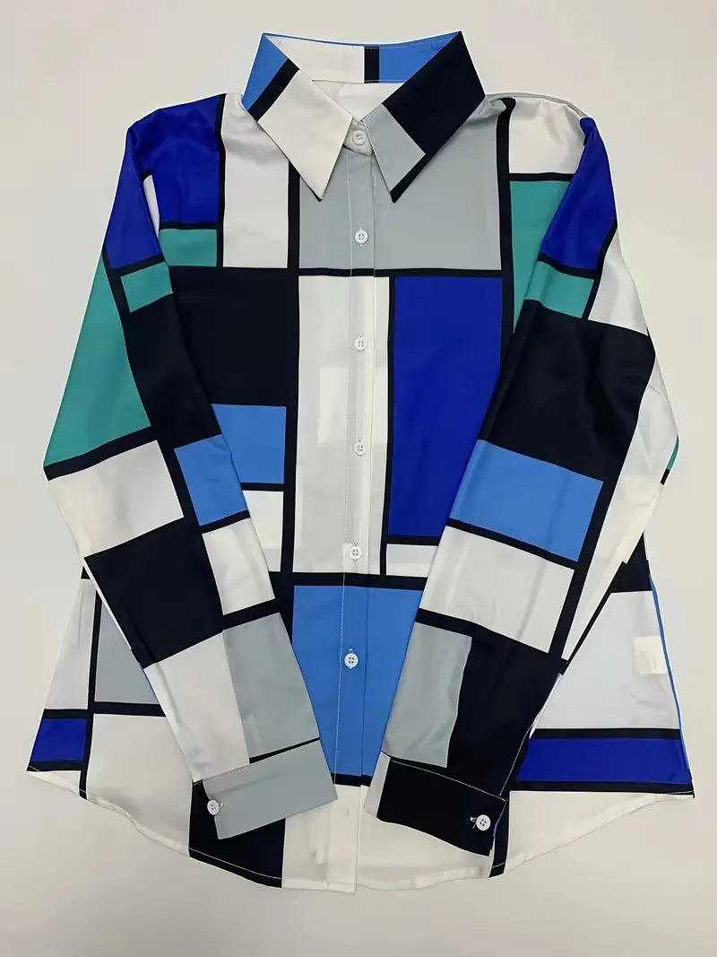 Damen Karomuster Langarmhemd mit Knopfleiste, Freizeithemd aus Polyester