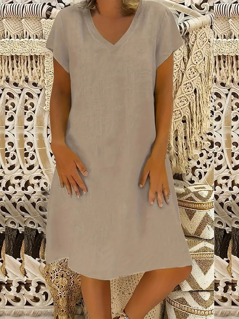 Solide Farbe V-Ausschnitt Casual Sommerkleid