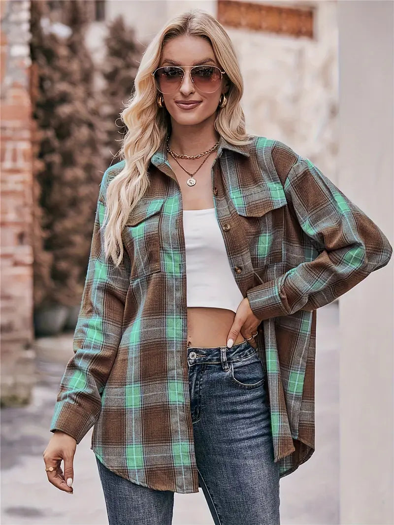 Plaid Knopfleiste Bluse, Elegante Langarm Hemdbluse für Frauen