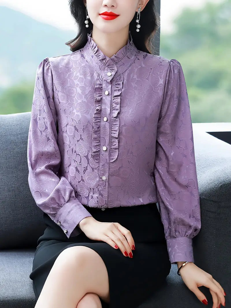 Langarm Button-Down Bluse – Elegante Polyester Bluse mit Stehkragen