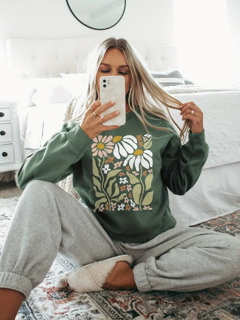 Lässig Sweatshirt mit Rundhalsausschnitt und Blumendruck für Damen