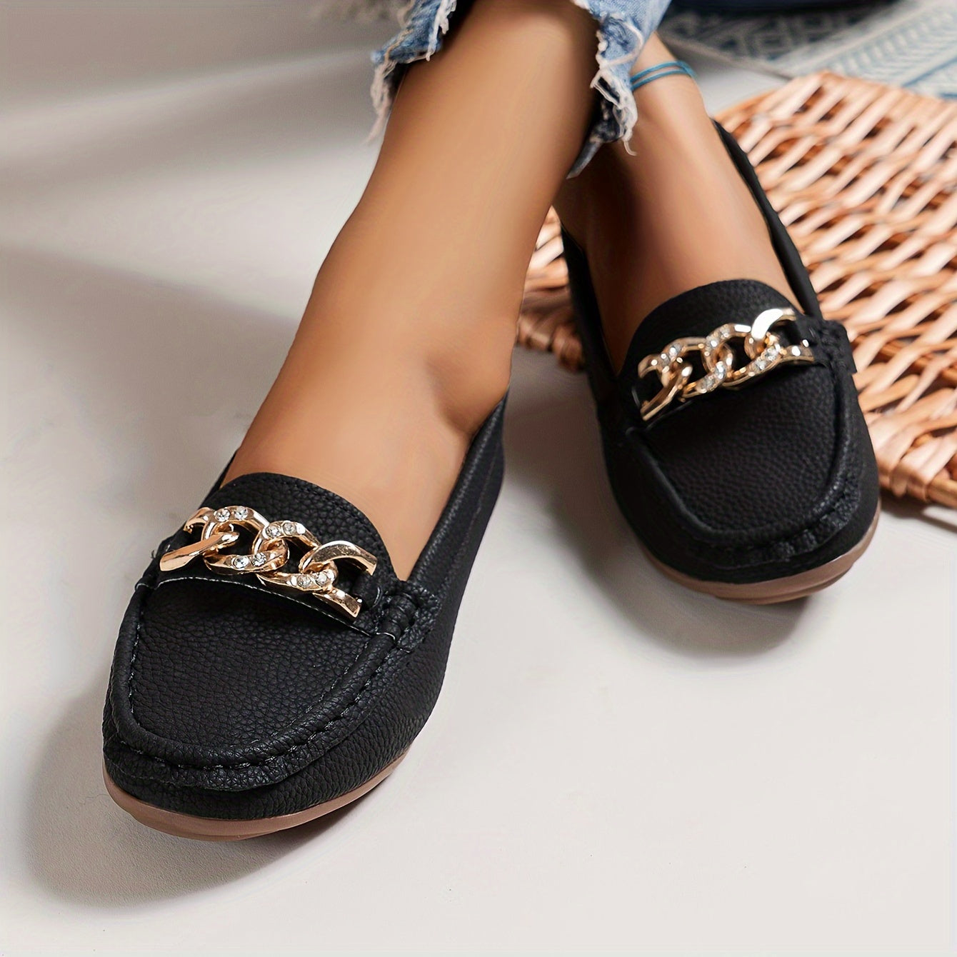 Damen Loafer mit Strasskette – Bequeme Slip-On Schuhe