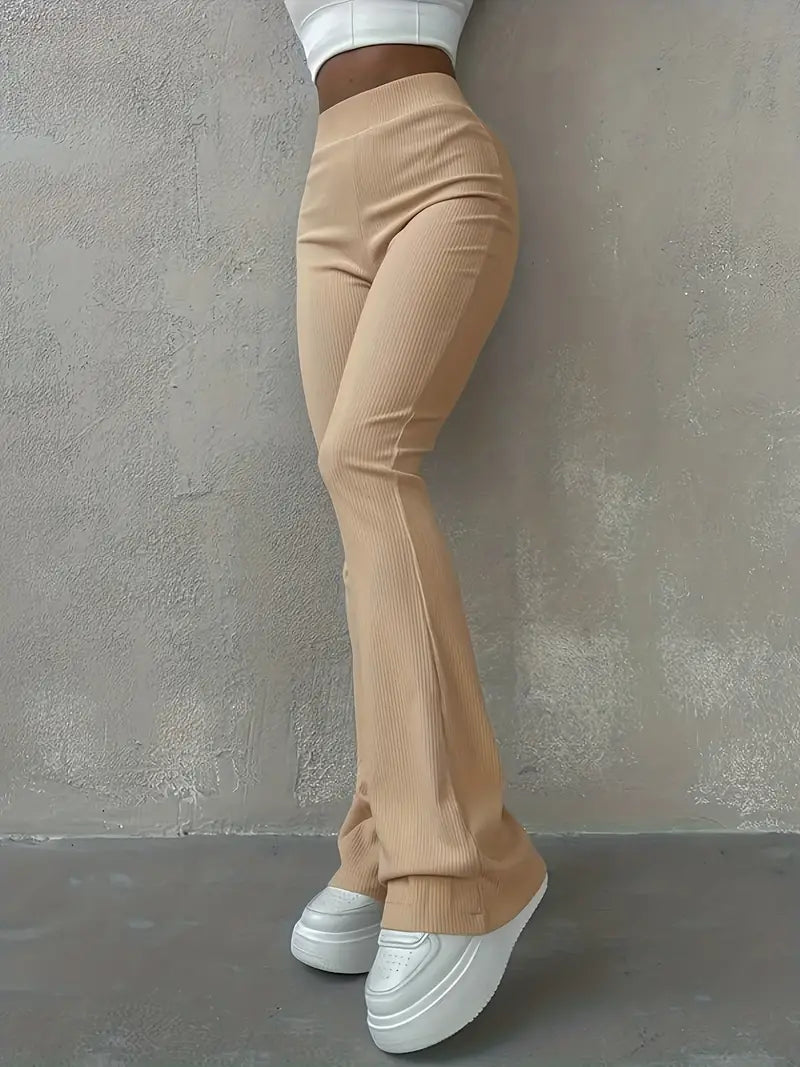 Alltags-Flare-Hose mit hoher Taille, einfarbig, gerippt für Damen