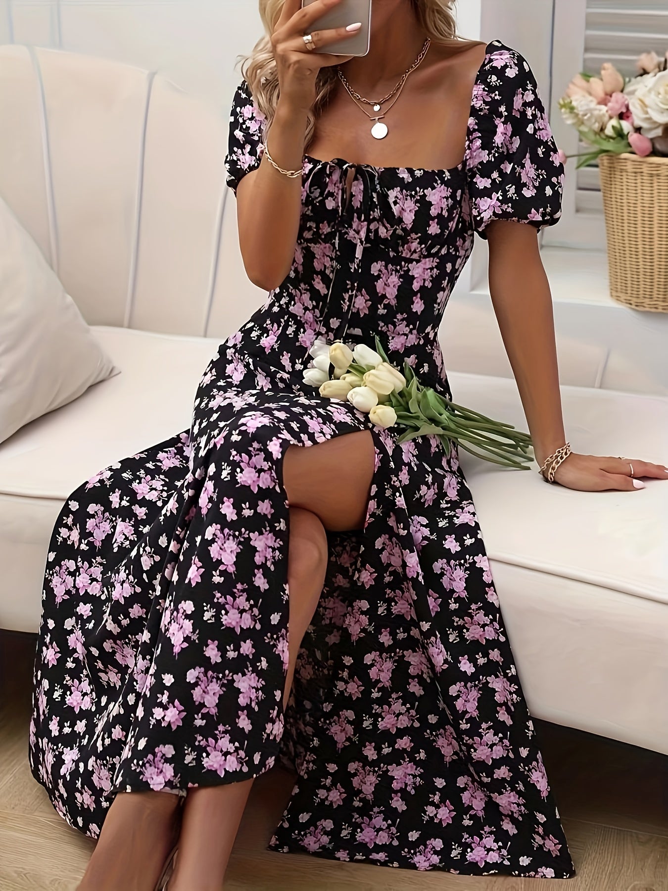 Kleid mit geblümten Puffärmeln in A-Linie Chic Split Hem für Frühling & Sommer