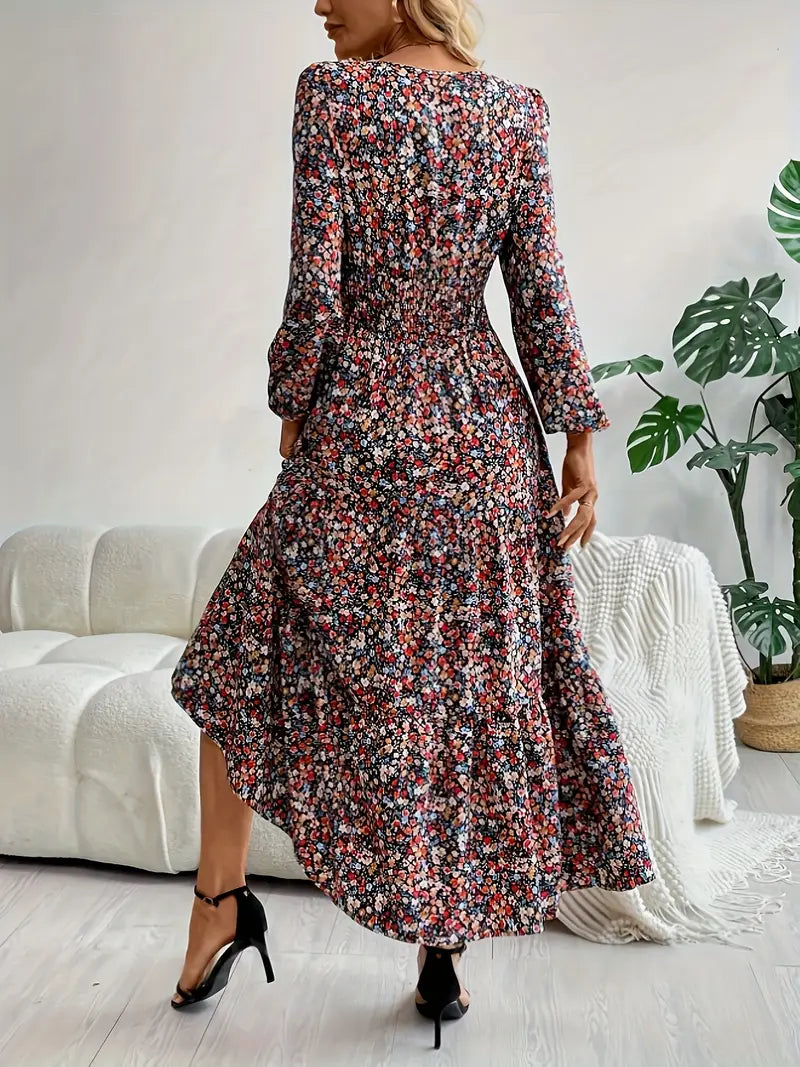 Elegantes Blumenkleid mit V-Ausschnitt – Langarm, Hoher Taillen-A-Linie