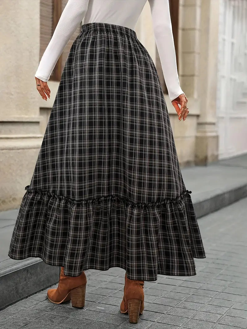 Eleganter karierter Midirock für Frauen - hohe Taille, asymmetrischer Saum
