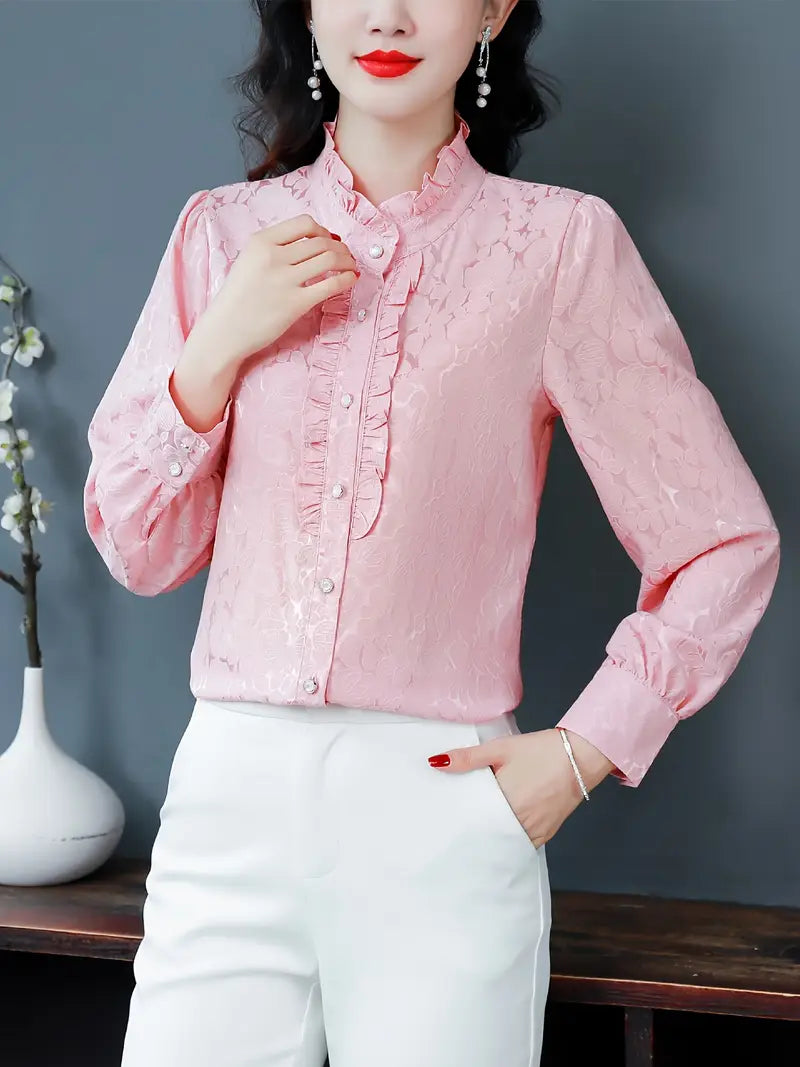 Langarm Button-Down Bluse – Elegante Polyester Bluse mit Stehkragen