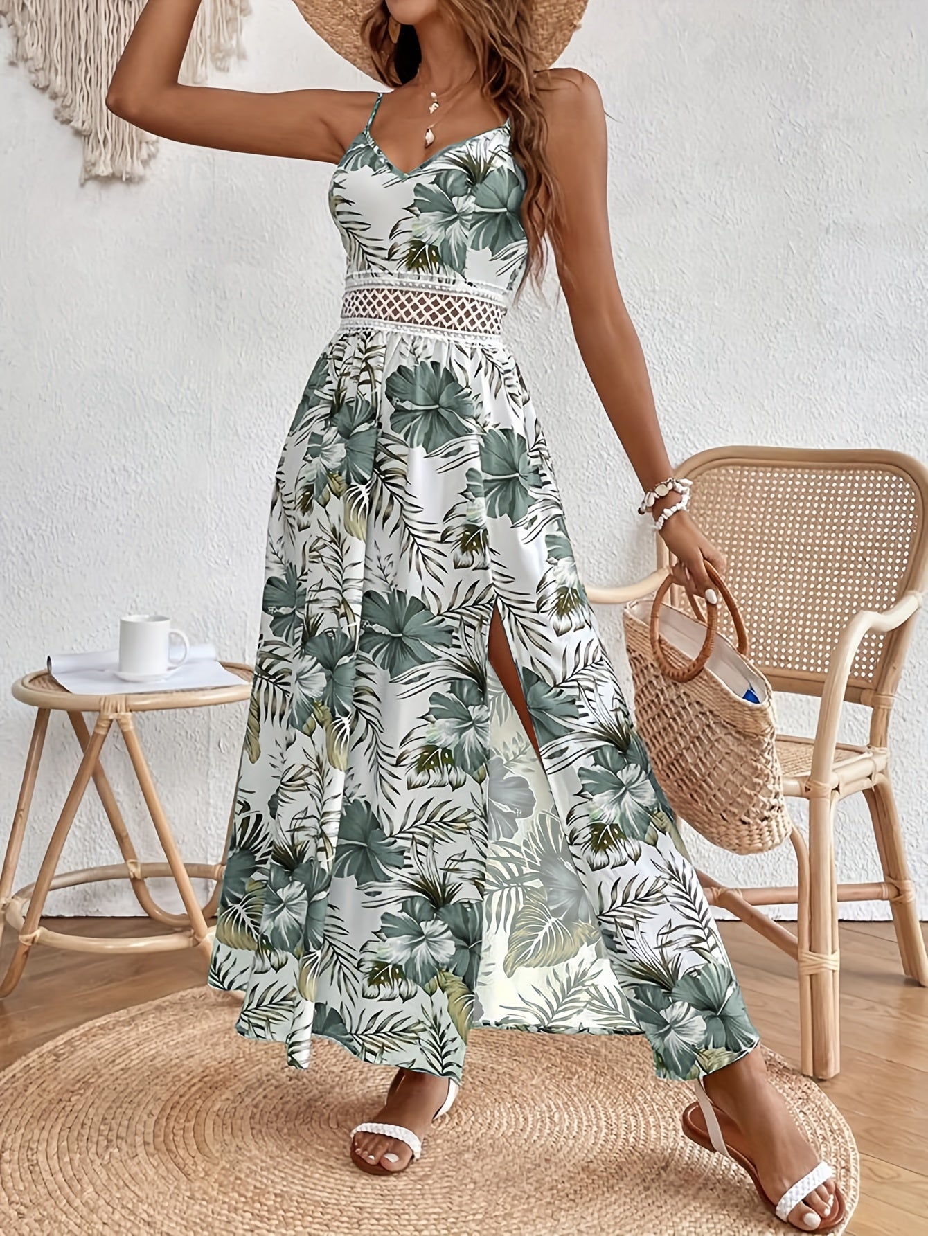 Elegantes Blumenmuster Spaghetti-Träger Kleid für Damen