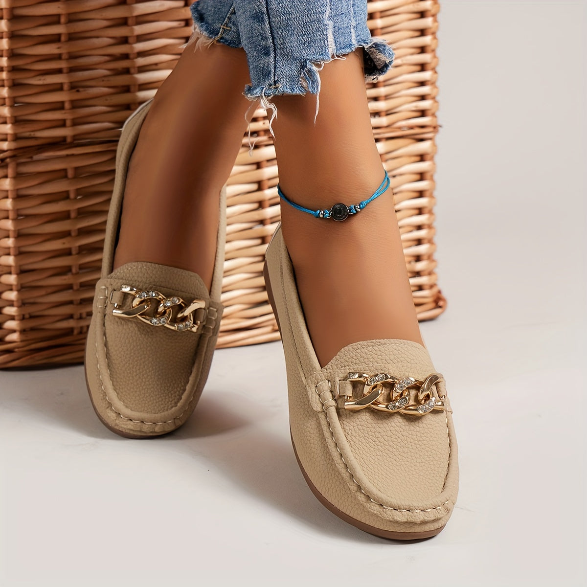 Damen Loafer mit Strasskette – Bequeme Slip-On Schuhe