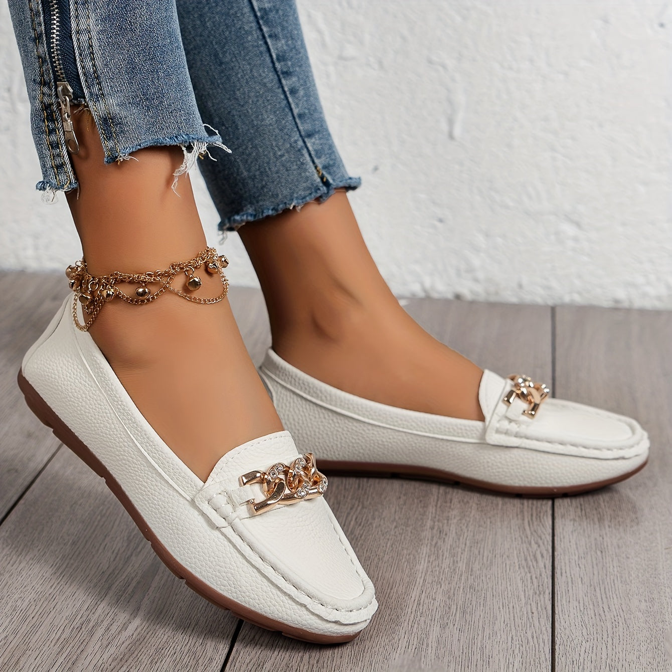 Damen Loafer mit Strasskette – Bequeme Slip-On Schuhe