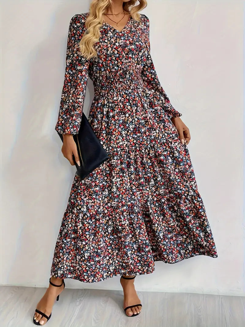 Elegantes Blumenkleid mit V-Ausschnitt – Langarm, Hoher Taillen-A-Linie