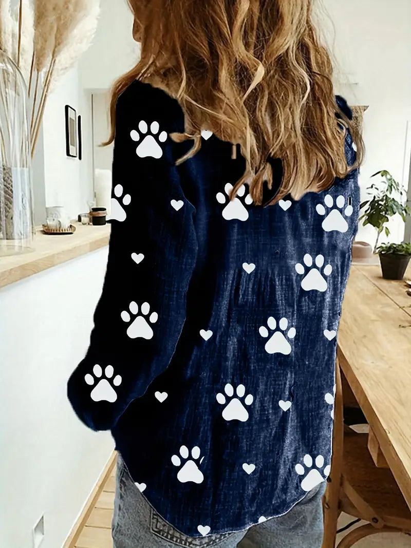 Langarmhemd mit Pfotenmuster, Knopfleiste, Casual Polyester Shirt