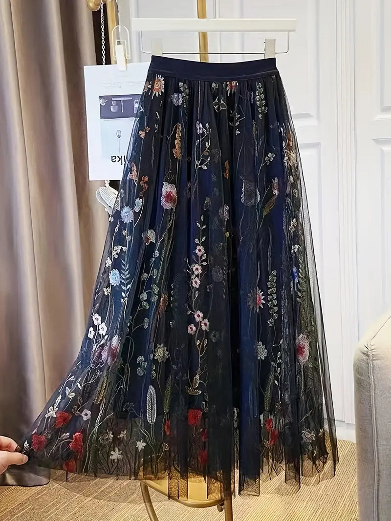 Verträumter Netzrock mit Blumenmuster und bequemer elastischer Taille