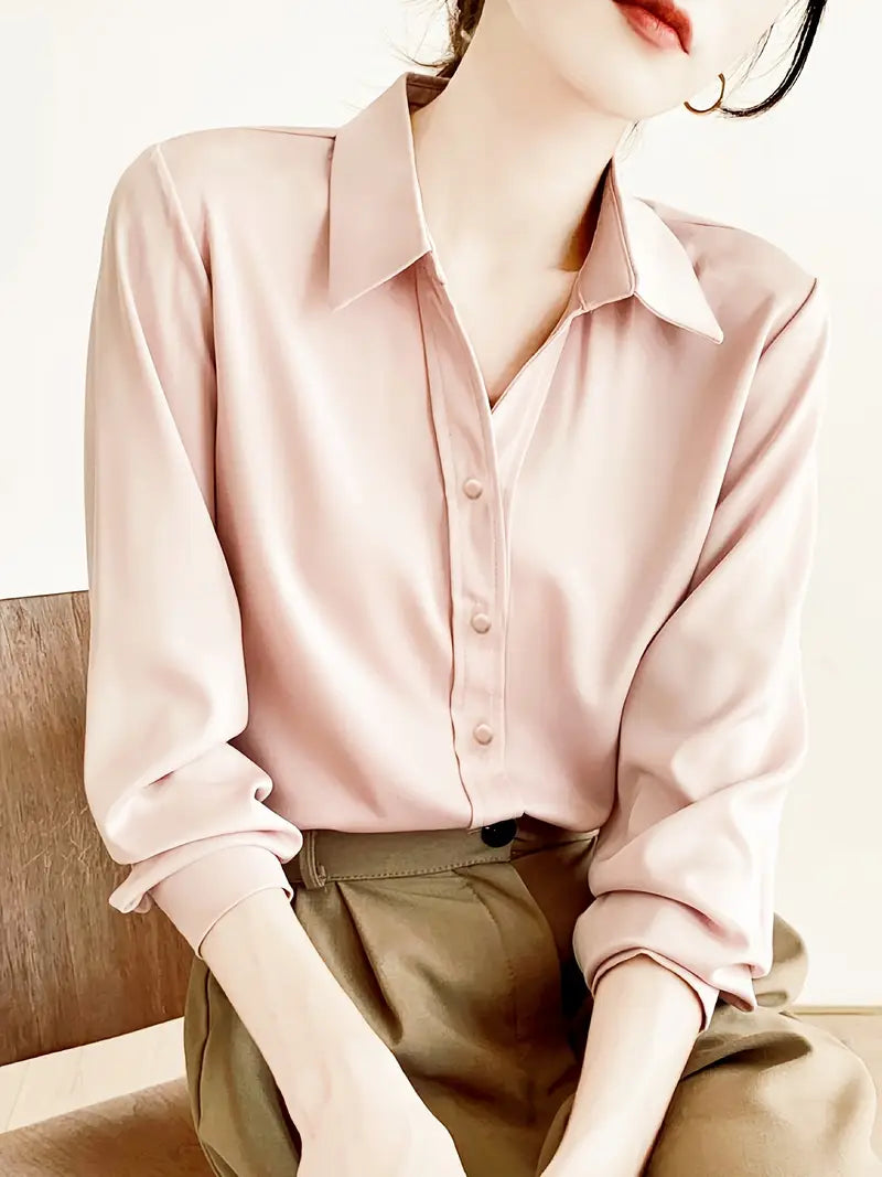 Satin Bluse Langarm – Elegante Knopfleistenbluse für Büro & Freizeit