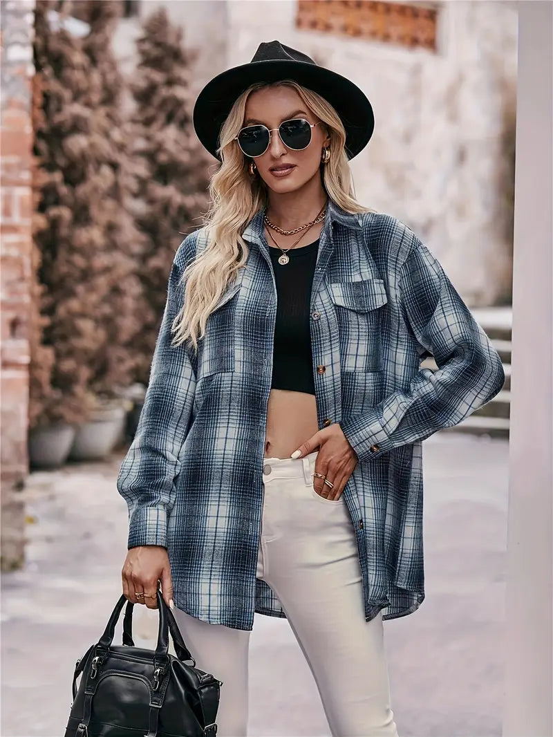 Plaid Knopfleiste Bluse, Elegante Langarm Hemdbluse für Frauen