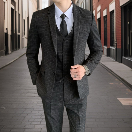 Herren Klassiker Grid Muster 3 Stück Hochzeit Gast Anzug Set | Schlanke Passform