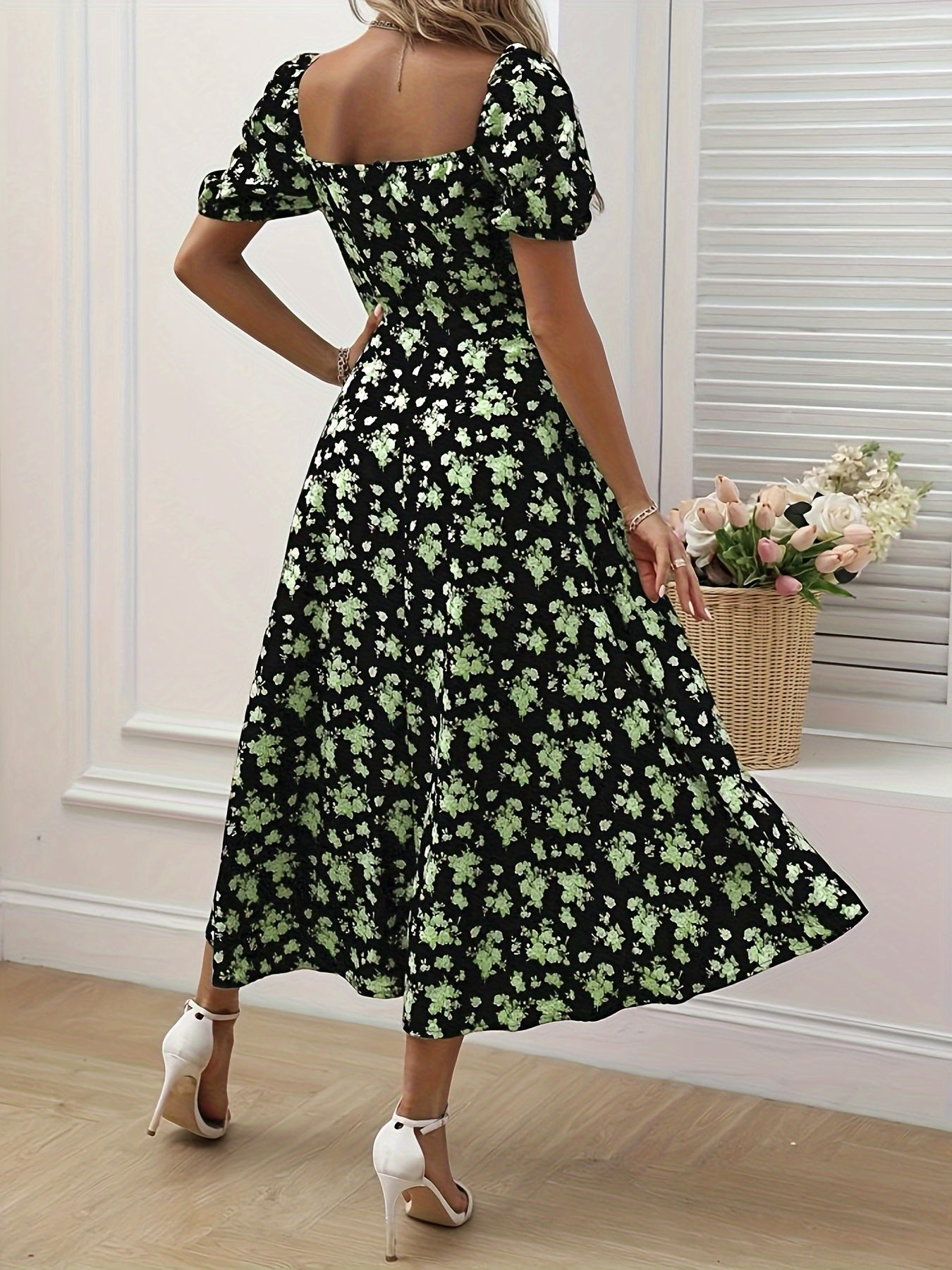 Kleid mit geblümten Puffärmeln in A-Linie Chic Split Hem für Frühling & Sommer