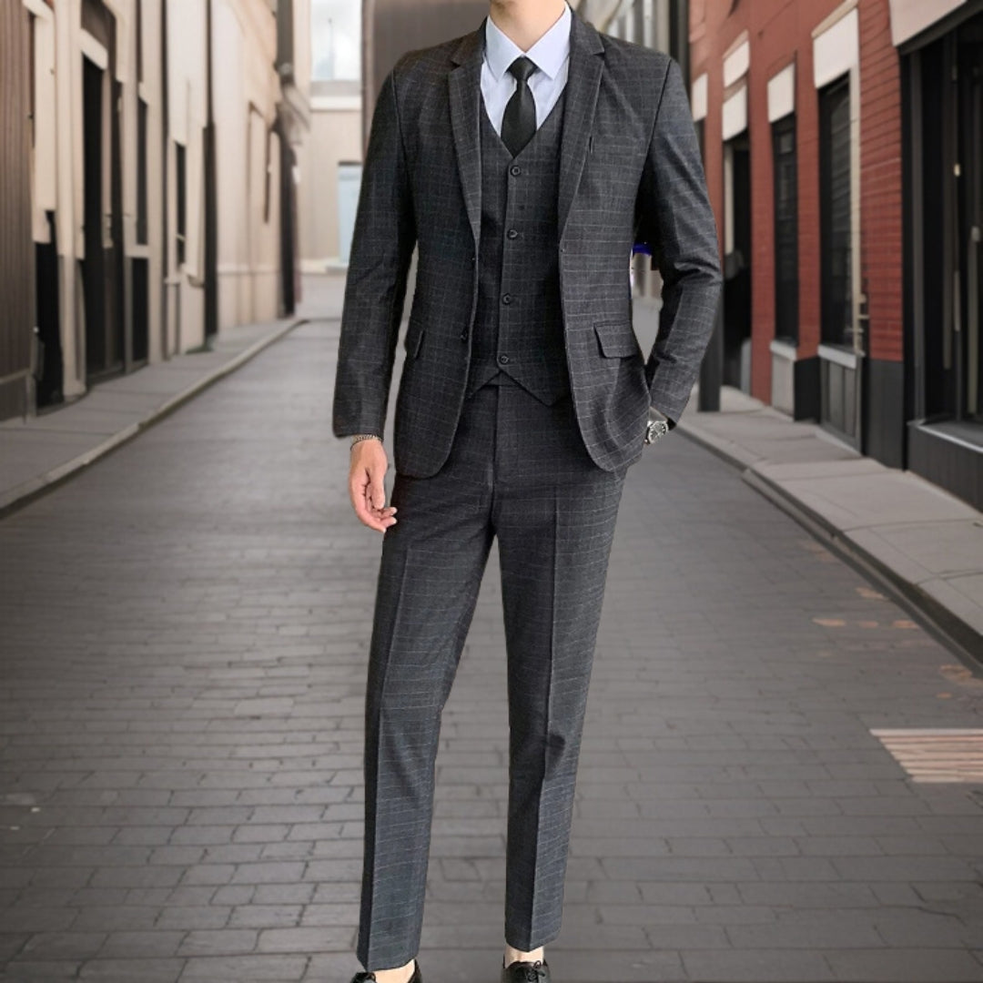 Herren Klassiker Grid Muster 3 Stück Hochzeit Gast Anzug Set | Schlanke Passform