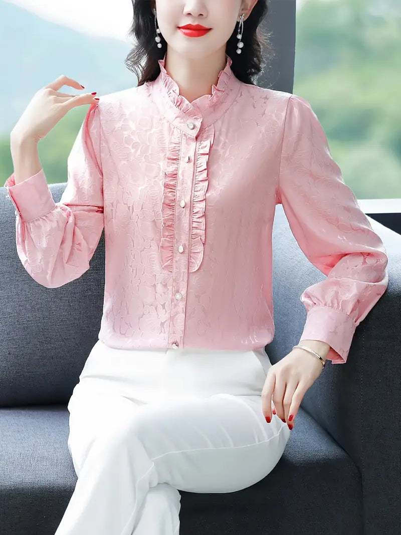 Langarm Button-Down Bluse – Elegante Polyester Bluse mit Stehkragen
