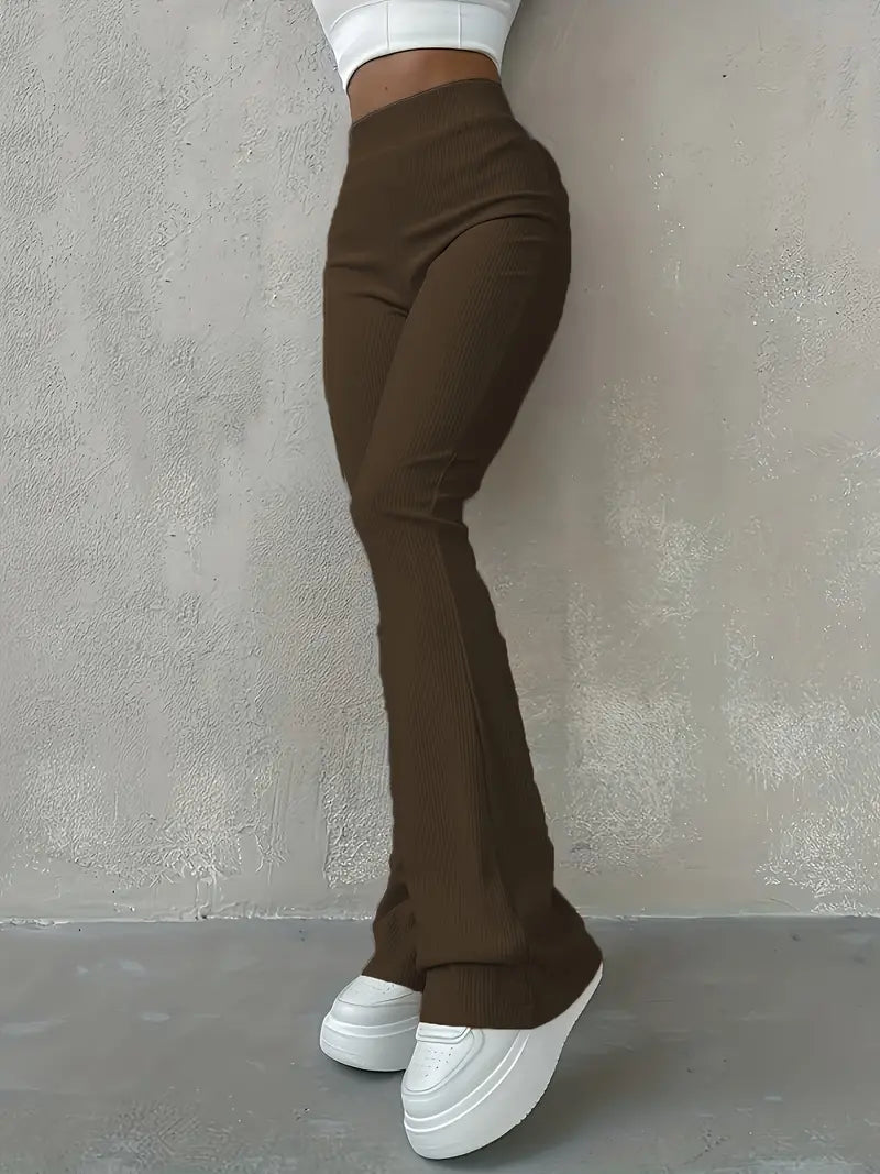 Alltags-Flare-Hose mit hoher Taille, einfarbig, gerippt für Damen