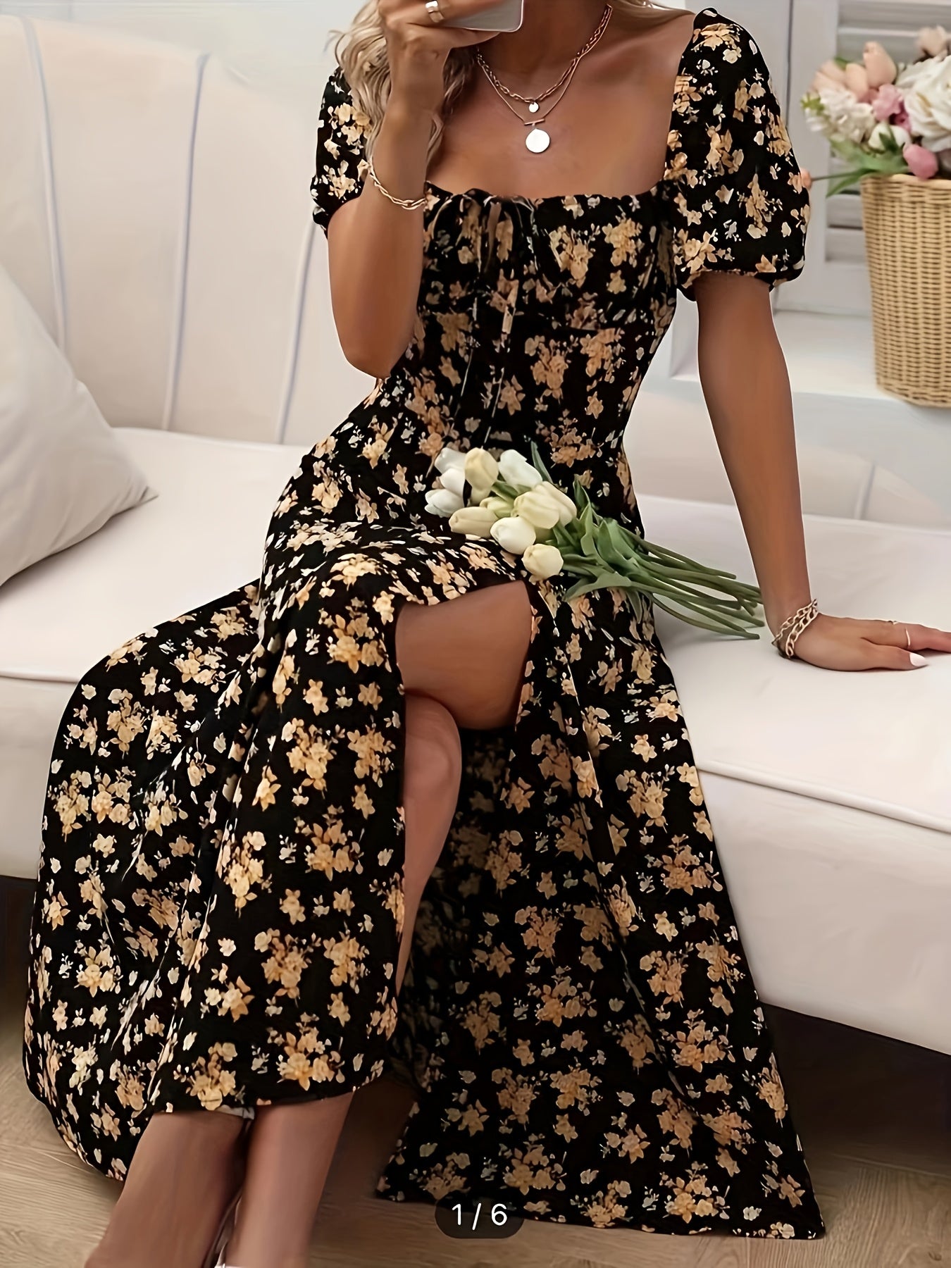 Kleid mit geblümten Puffärmeln in A-Linie Chic Split Hem für Frühling & Sommer