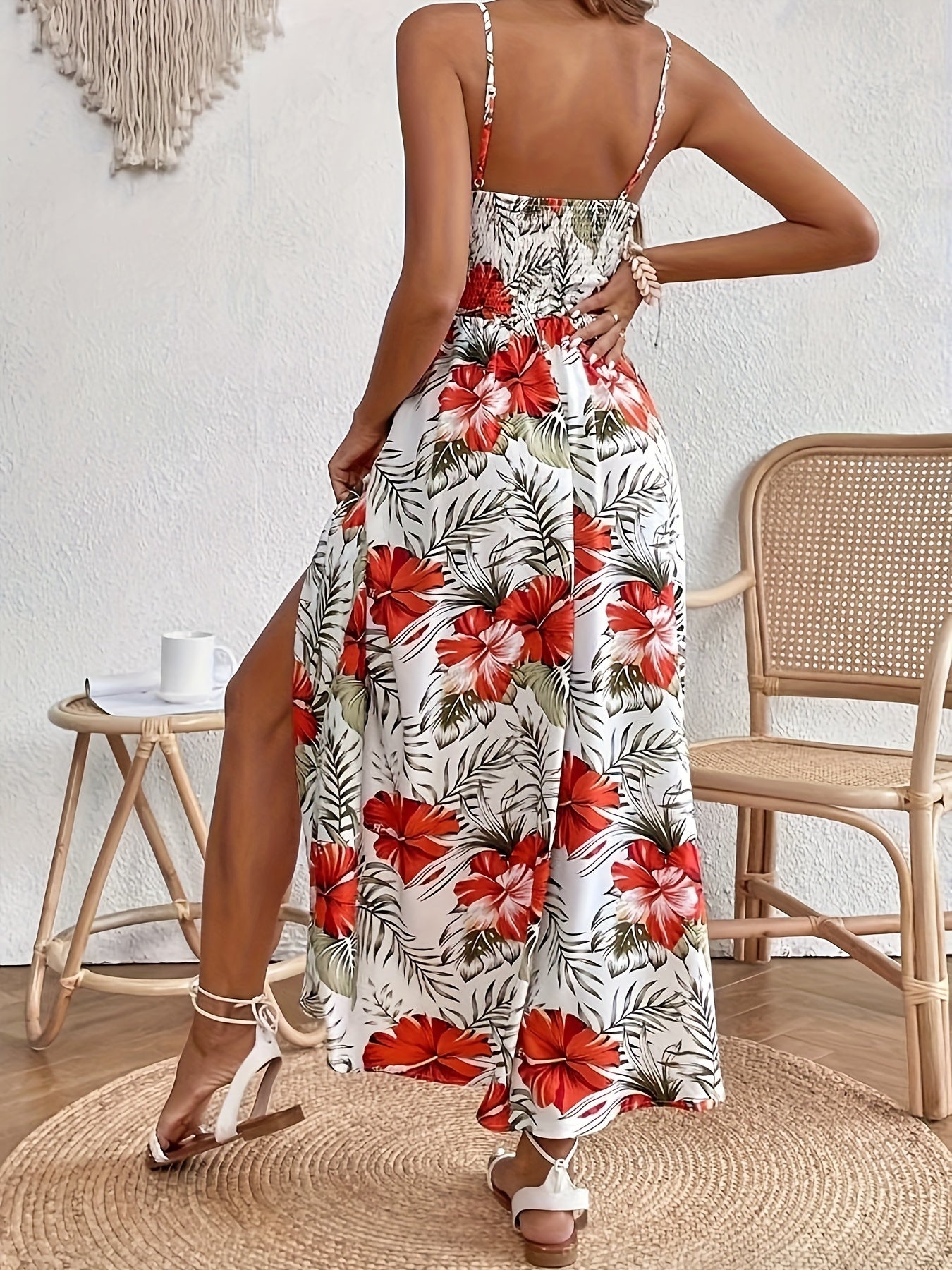 Elegantes Blumenmuster Spaghetti-Träger Kleid für Damen
