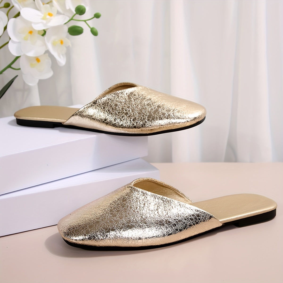 Damen Retro-Flache Mules, Goldene Slip-On Loafer mit Gummisohle