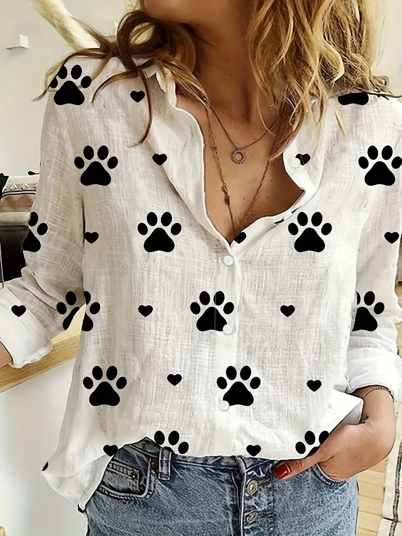 Langarmhemd mit Pfotenmuster, Knopfleiste, Casual Polyester Shirt