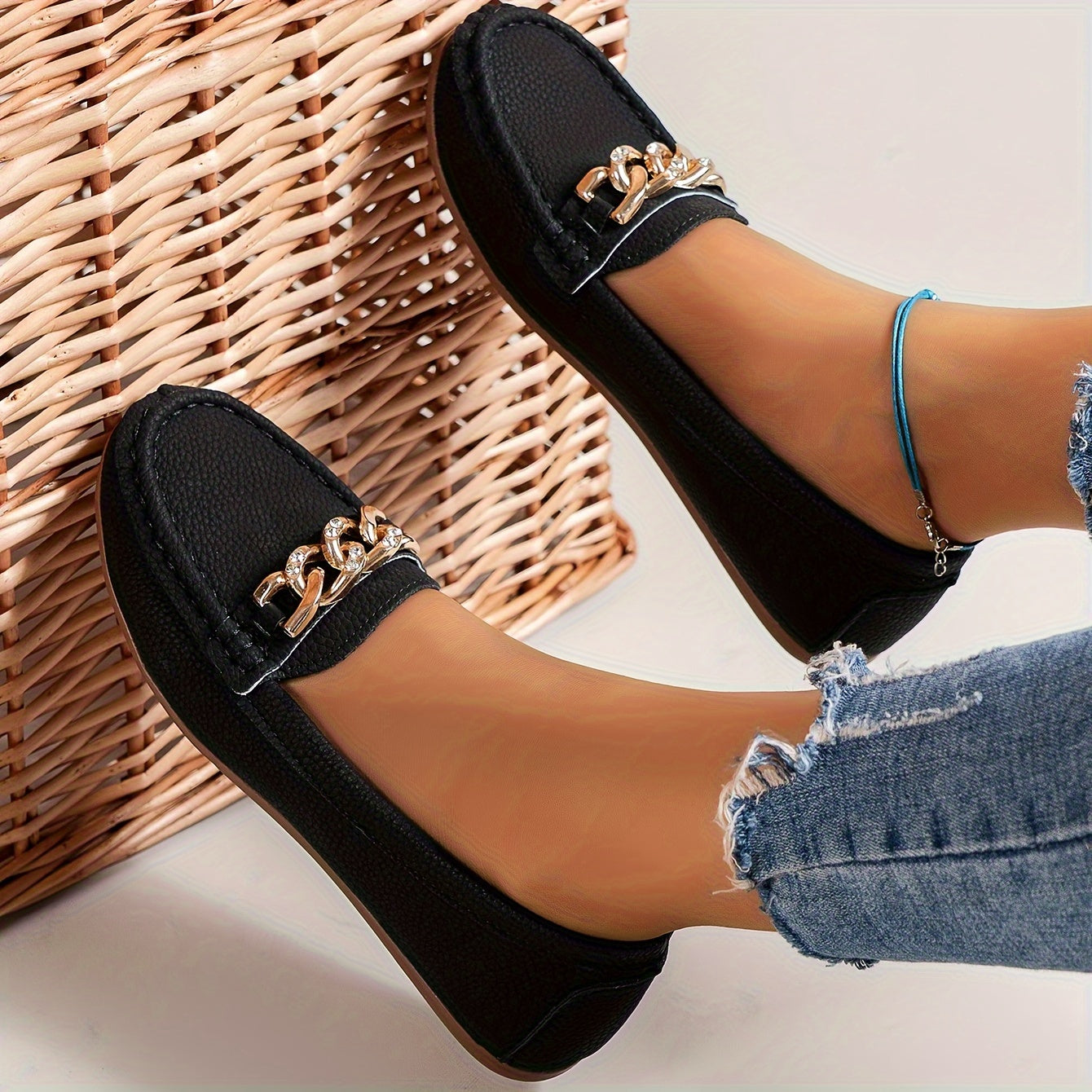 Damen Loafer mit Strasskette – Bequeme Slip-On Schuhe