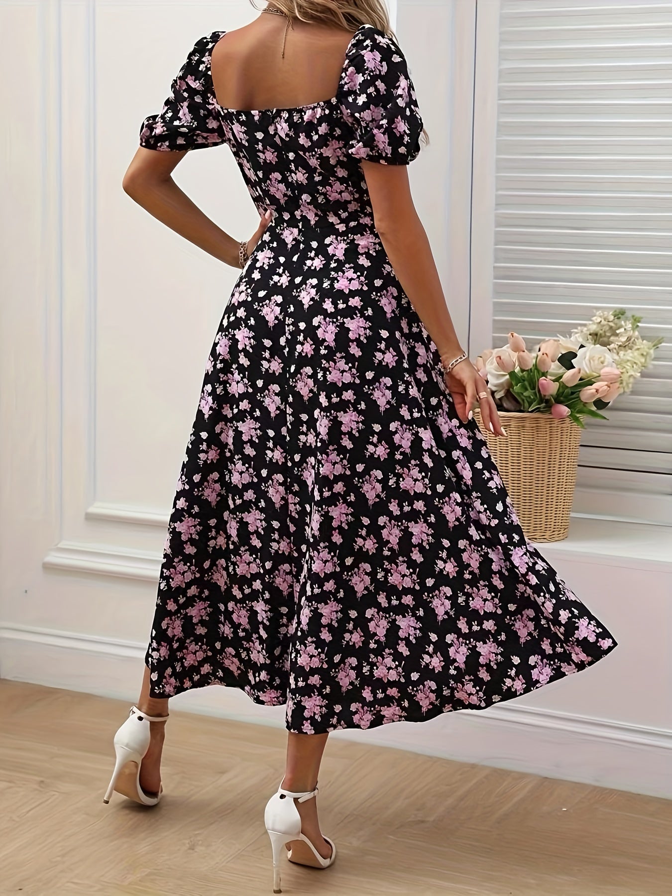 Kleid mit geblümten Puffärmeln in A-Linie Chic Split Hem für Frühling & Sommer