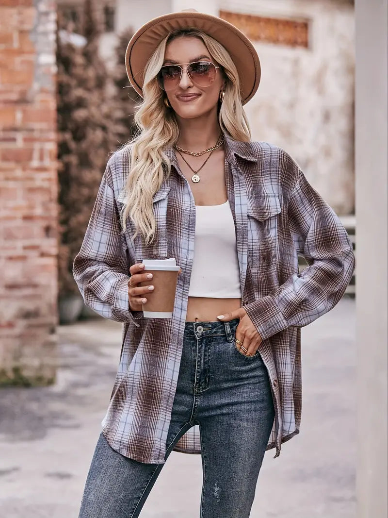 Plaid Knopfleiste Bluse, Elegante Langarm Hemdbluse für Frauen