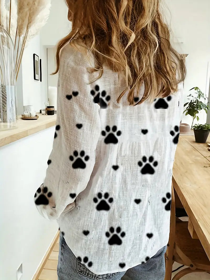 Langarmhemd mit Pfotenmuster, Knopfleiste, Casual Polyester Shirt