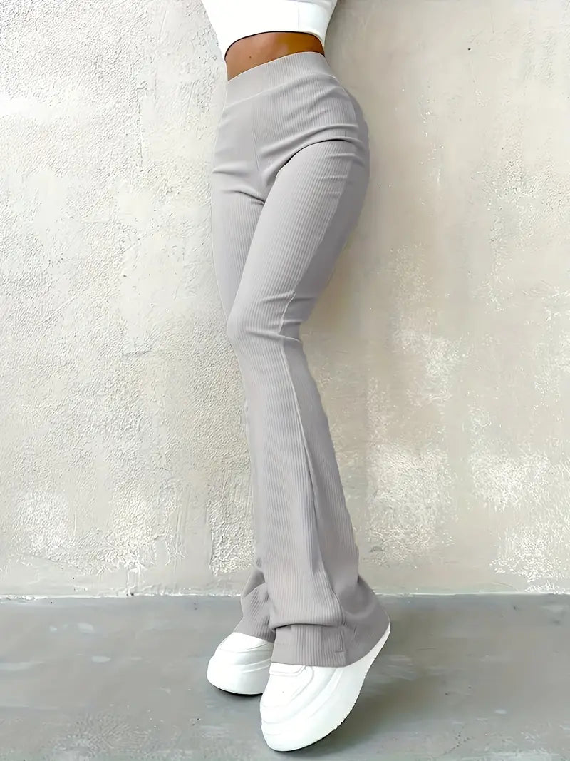 Alltags-Flare-Hose mit hoher Taille, einfarbig, gerippt für Damen