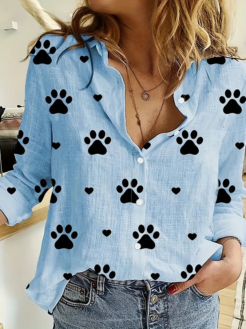 Langarmhemd mit Pfotenmuster, Knopfleiste, Casual Polyester Shirt
