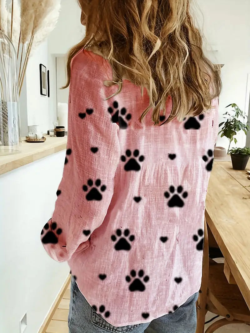 Langarmhemd mit Pfotenmuster, Knopfleiste, Casual Polyester Shirt