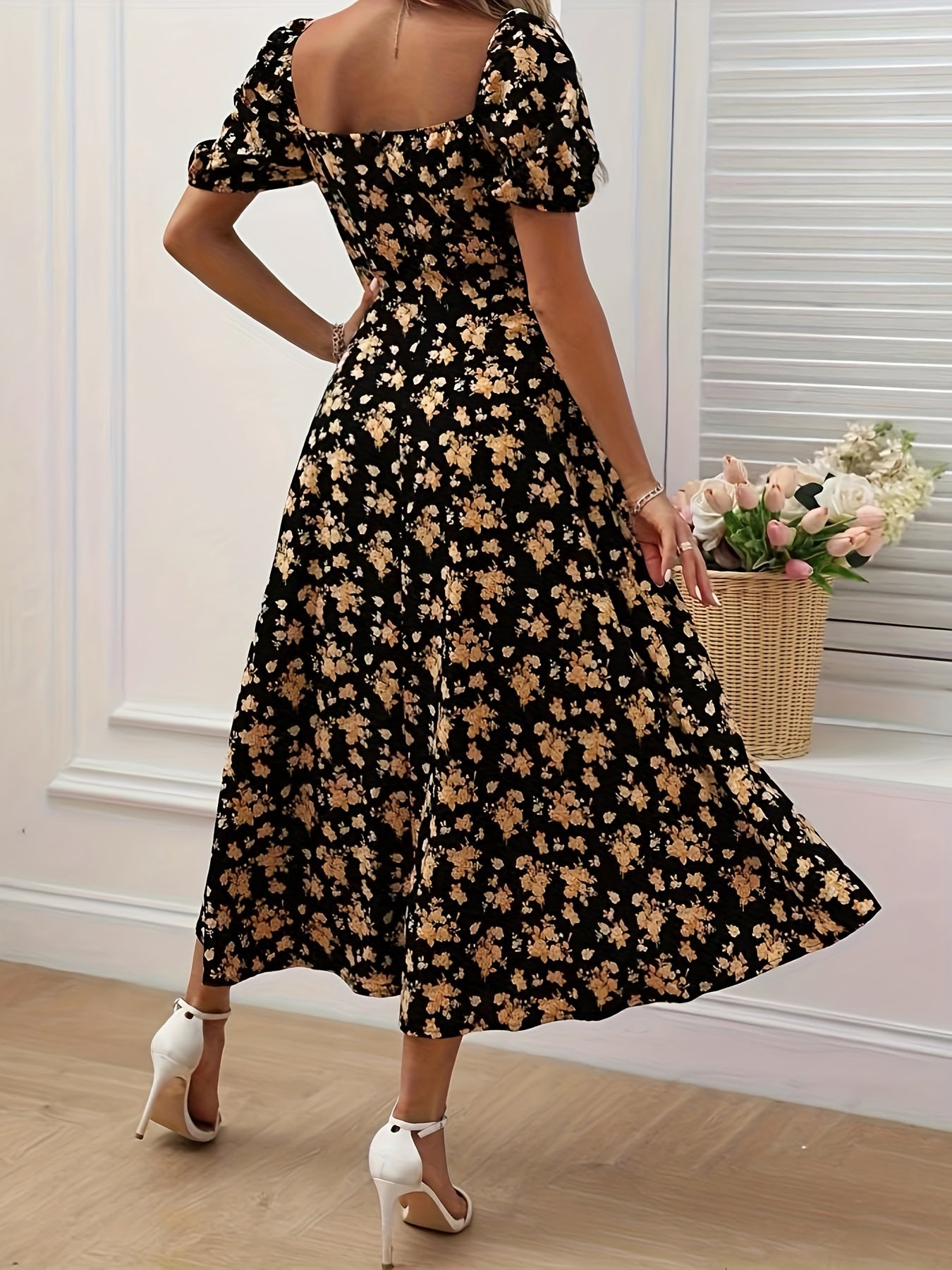 Kleid mit geblümten Puffärmeln in A-Linie Chic Split Hem für Frühling & Sommer