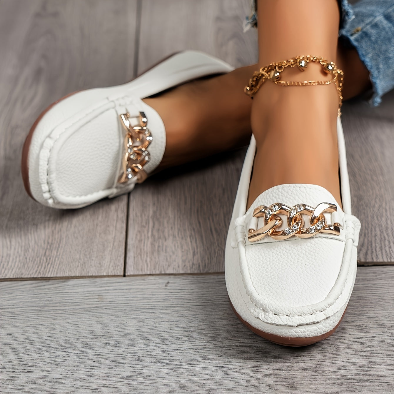 Damen Loafer mit Strasskette – Bequeme Slip-On Schuhe