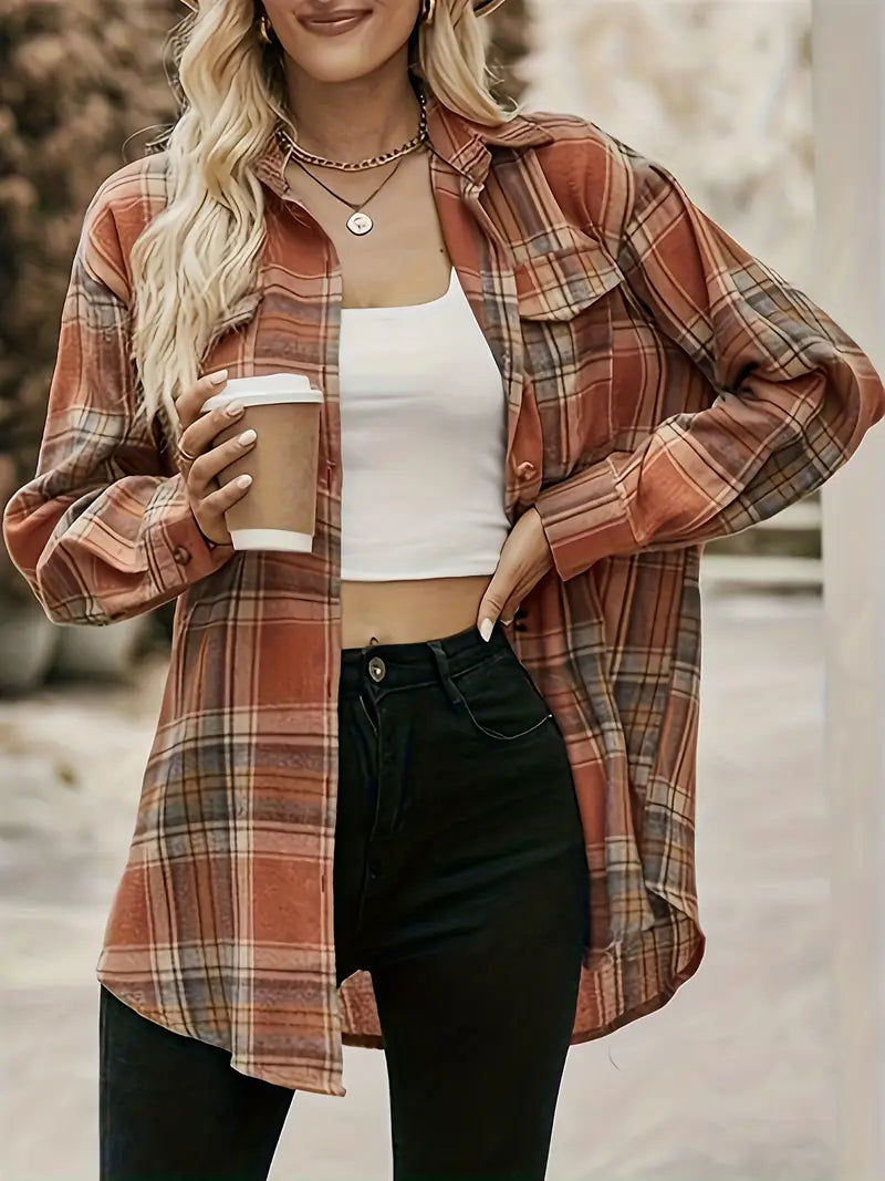 Plaid Knopfleiste Bluse, Elegante Langarm Hemdbluse für Frauen