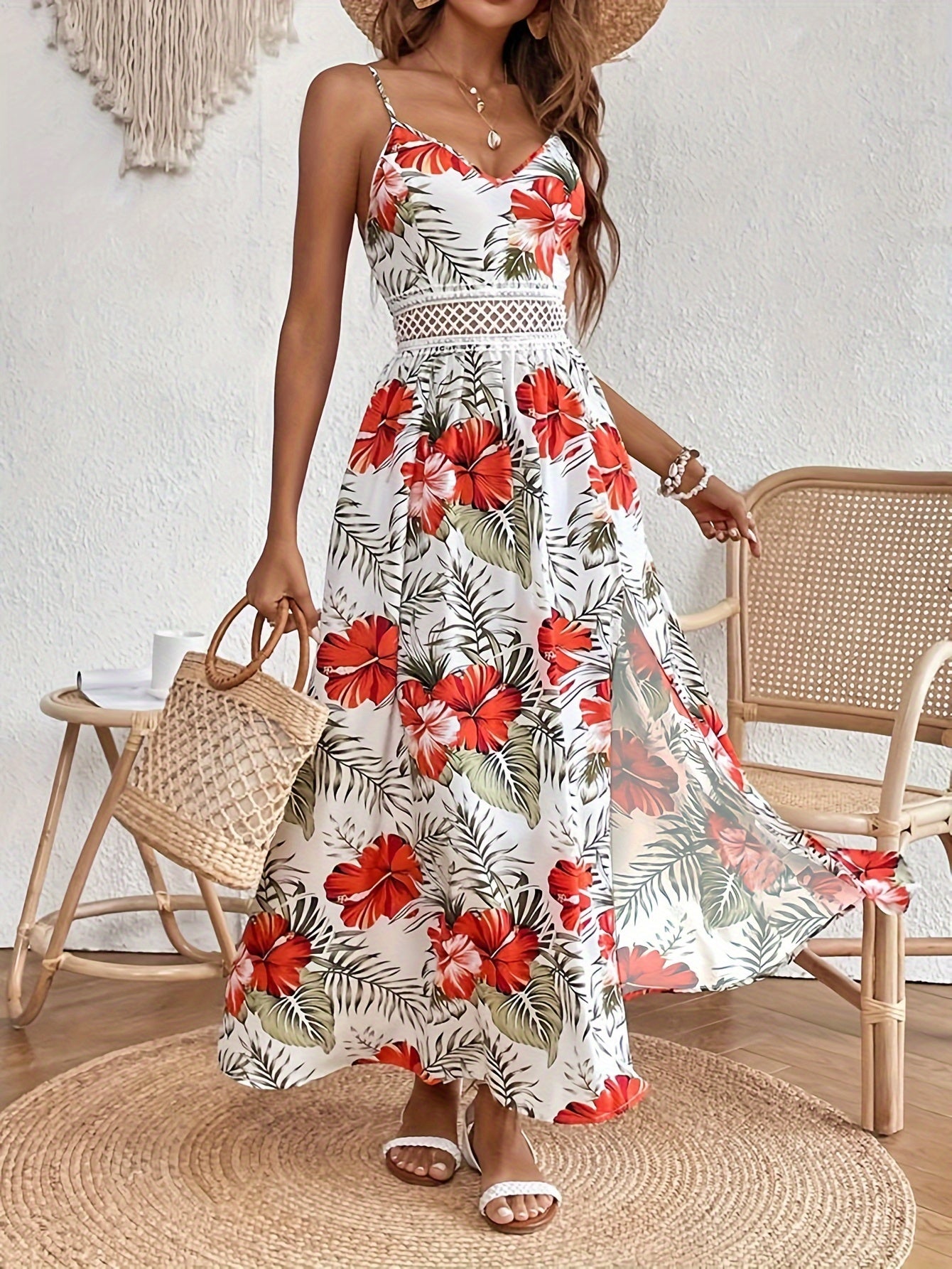 Elegantes Blumenmuster Spaghetti-Träger Kleid für Damen