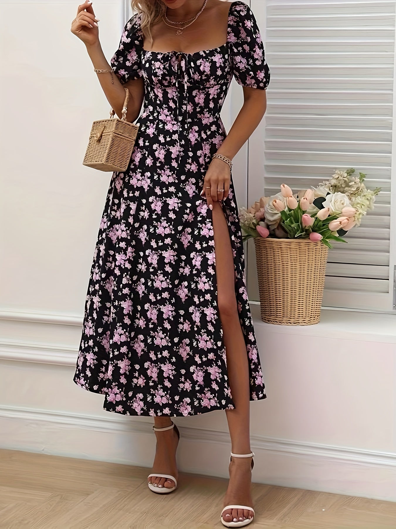 Kleid mit geblümten Puffärmeln in A-Linie Chic Split Hem für Frühling & Sommer