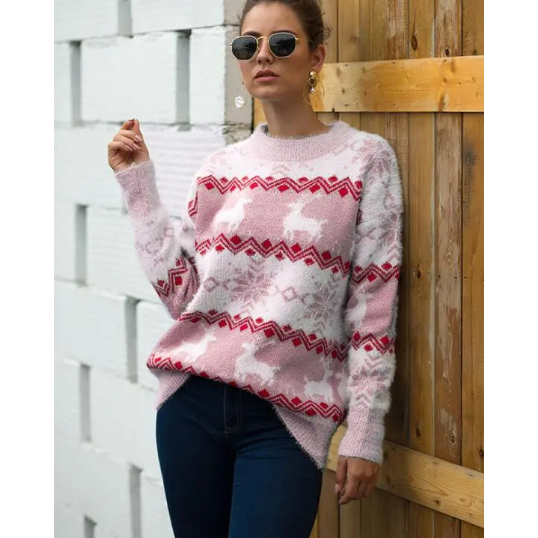 Rosa Weihnachtspullover Damen mit Rentier und Schneeflocke | Strick