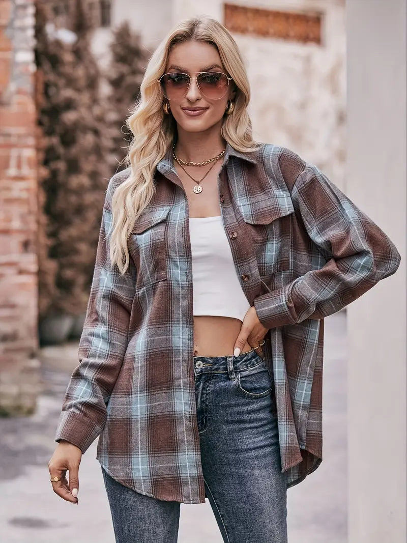Plaid Knopfleiste Bluse, Elegante Langarm Hemdbluse für Frauen