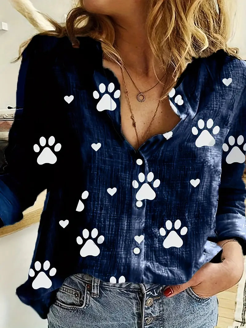 Langarmhemd mit Pfotenmuster, Knopfleiste, Casual Polyester Shirt