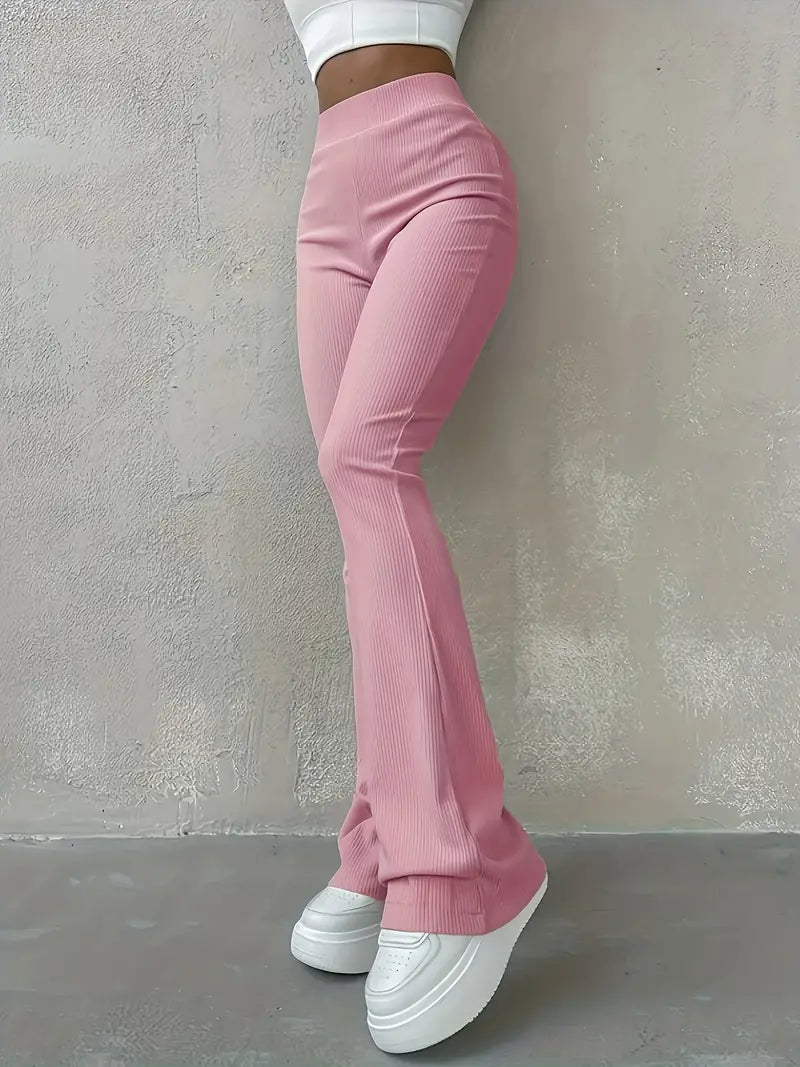 Alltags-Flare-Hose mit hoher Taille, einfarbig, gerippt für Damen