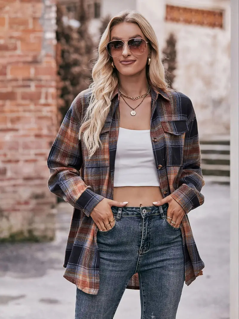 Plaid Knopfleiste Bluse, Elegante Langarm Hemdbluse für Frauen