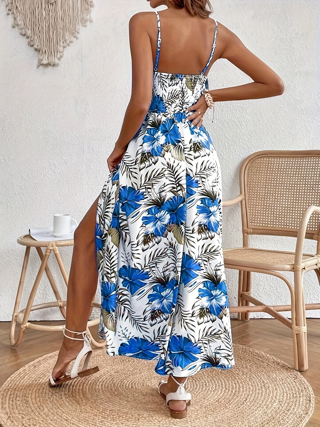 Elegantes Blumenmuster Spaghetti-Träger Kleid für Damen