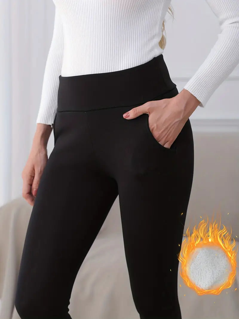 Plüsch gefütterte Thermohose mit Taschen, warmes breites Band Taille Slim