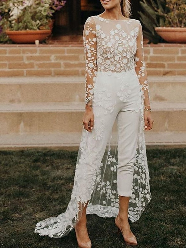 Damen Weiß Moderner stylischer Braut Jumpsuit | Langarm