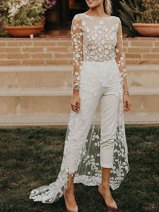 Damen Weiß Moderner stylischer Braut Jumpsuit | Langarm